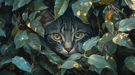A captivating portrait of a striped cat peeking through lush green leaves, showcasing its sharp eyes and unique expression in a natural setting.の素材