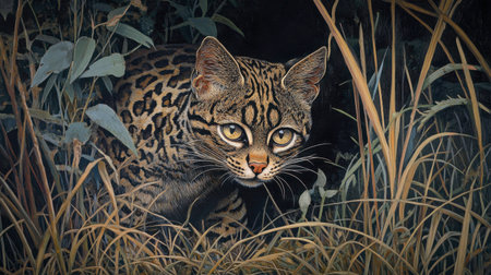 A captivating image of a wild cat, showcasing its striking features and stealthy behavior among lush greenery and tall grass. Perfect for wildlife enthusiasts.の素材