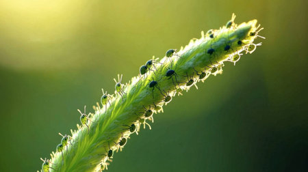 A stunning close-up photograph showcasing a green stem covered with tiny black insects, beautifully illuminated by soft sunlight for a vibrant natural display.の素材