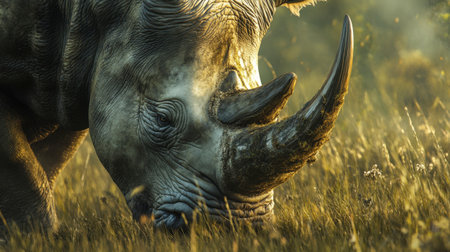 This stunning close-up captures a rhinoceros grazing peacefully in a sunlit grassland, showcasing its unique horn and textured skin, ideal for wildlife lovers.の素材