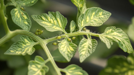 Detailed close-up of vibrant green tomato plant leaves showing aphids, representing pest issues in gardening and farming practices. Ideal for agricultural themes.の素材