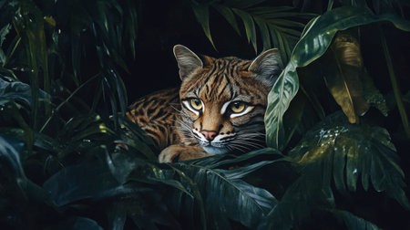 A wild cat rests quietly among lush jungle foliage, showcasing its striking eyes and beautiful fur. This image captures the essence of wildlife in a serene, mysterious setting.の素材