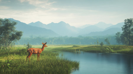A tranquil scene featuring a deer standing beside a calm river with misty mountains in the background. This serene landscape evokes a sense of peace and connection with nature.の素材