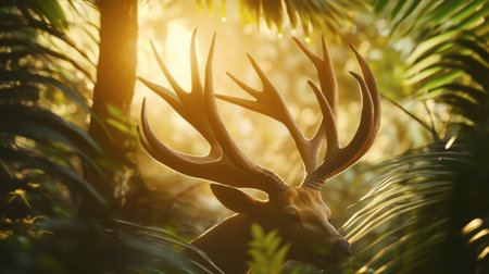 A majestic deer stands gracefully in a lush jungle, surrounded by vibrant greenery and illuminated by warm sunlight, creating an enchanting atmosphere.の素材