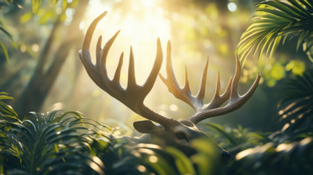 A stunning close-up of a majestic deer peeking through lush foliage in a sunlit forest. The vibrant scene captures the beauty of wildlife and nature.の素材