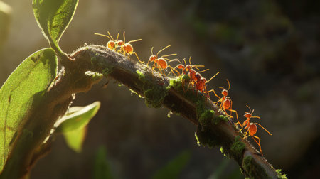 A stunning close-up of ants navigating along a green stem, showcasing intricate details of their bodies and behavior in a natural sunlight setting.の素材