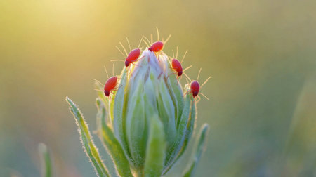 A stunning close-up image of vibrant red insects atop a green plant bud, illuminated by soft sunset light. Perfect for nature and wildlife themes.の素材