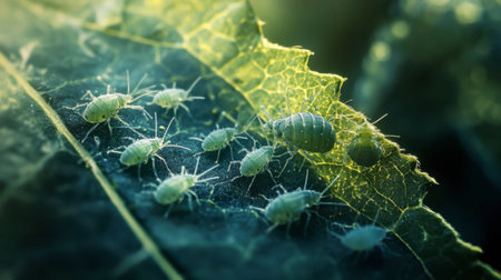 Macrophotography of green aphids on a leaf, showcasing their delicate structures and natural habitat. Perfect for nature enthusiasts and educational purposes.の素材