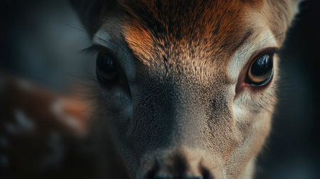 An intimate close-up of a young fawn, showcasing its striking eyes and soft fur. This portrait captures the beauty and innocence of wildlife in a serene natural setting.の素材