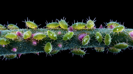 This close-up image showcases a cluster of green aphids on a plant stem, illuminated against a black background, highlighting their distinct features and habitat.の素材
