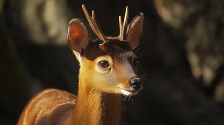 A close-up view of a young deer displaying its antlers in a serene natural setting. This captivating portrait showcases the beauty of wildlife in its environment.の素材