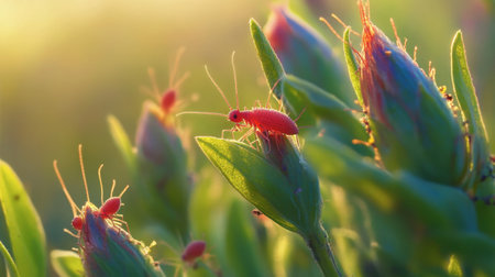 Captivating close-up of striking red insects perched on green foliage, illuminated by soft sunlight. This vibrant image captures the essence of nature's beauty and intricate ecosystems.の素材