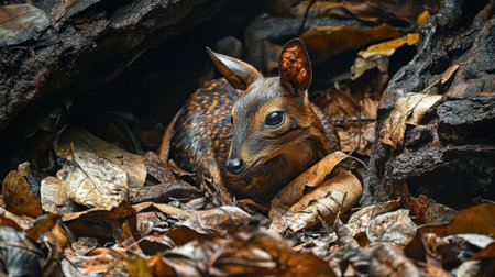 A small forest creature rests quietly among fallen leaves and twigs, perfectly camouflaged in its natural habitat, showcasing the beauty of wildlife in a serene environment.の素材
