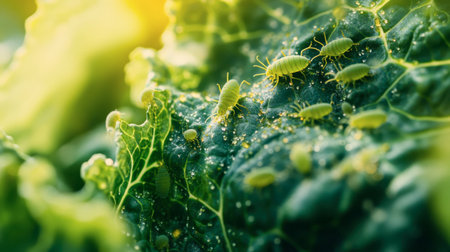 A detailed close-up of green aphids on a leafy surface, showcasing dew drops. This image highlights the intricate connection between pests and plants in a natural environment.の素材