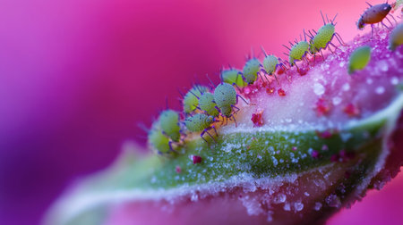 Discover a vibrant close-up of green aphids on a leaf, showcasing their delicate forms against a colorful background. A perfect image for nature enthusiasts.の素材