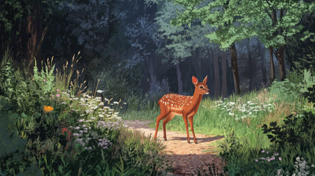 A charming fawn stands gracefully in a tranquil forest clearing, surrounded by vibrant wildflowers and illuminated by soft sunlight, depicting nature's beauty.の素材