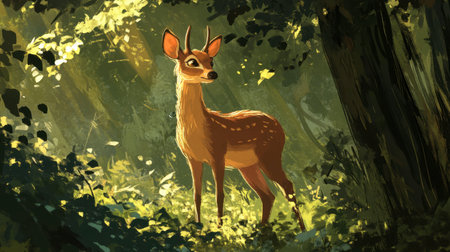 A charming fawn stands gracefully in a sunlit forest, surrounded by vibrant greenery. This tranquil scene captures the essence of wildlife and nature's beauty.の素材