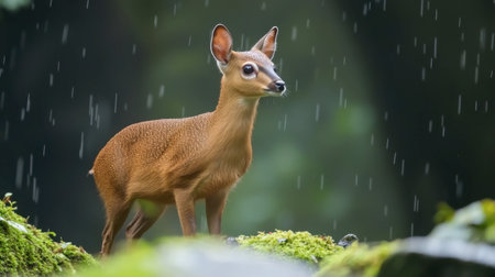 A young deer stands gracefully in a lush, green forest during a gentle rain, surrounded by moss and vibrant foliage, capturing a serene moment in nature.の素材