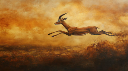 This stunning artwork depicts an antelope gracefully leaping through a vibrant sunset landscape. The dynamic movement and warm colors create a striking visual impact.の素材