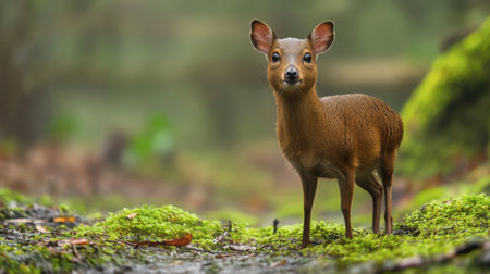 A charming small deer stands gracefully in a verdant forest, surrounded by lush moss and soft natural light, showcasing the beauty of wildlife in a serene environment.の素材