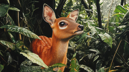 A young deer peeks out from a dense forest clearing, showcasing its beauty. Surrounded by lush greenery and vibrant plants, it embodies the essence of wildlife.の素材