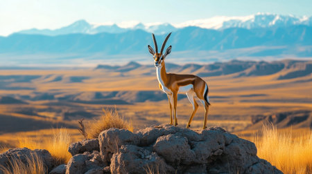 A graceful antelope stands confidently on a rocky outcrop, overlooking a vast landscape with mountains in the distance, showcasing nature's beauty and wilderness.の素材