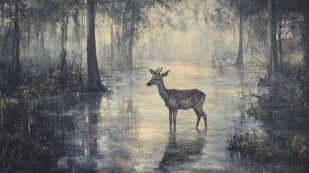 A tranquil scene featuring a deer standing gracefully in calm water amidst a foggy forest. Soft light and mist create an ethereal atmosphere, capturing nature's beauty.の素材
