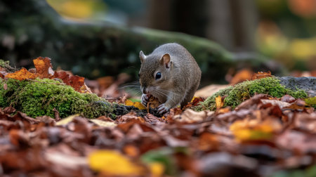 A charming squirrel is foraging for food amidst colorful autumn leaves in a forest setting, showcasing nature's beauty and vibrant fall colors.の素材