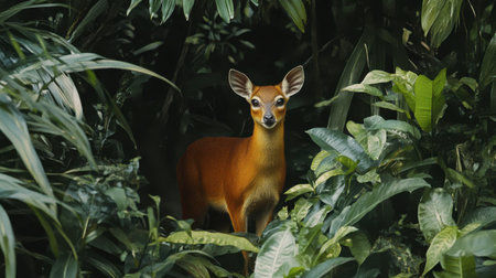 A graceful deer stands amidst a lush green habitat, showcasing the beauty of wildlife in a serene forest setting, perfect for nature enthusiasts.の素材
