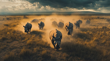 A dramatic scene unfolds as a herd of rhinos charges across the African savanna at dusk, enveloped in swirling dust and illuminated by the fading light, showcasing the beauty of wildlife.の素材