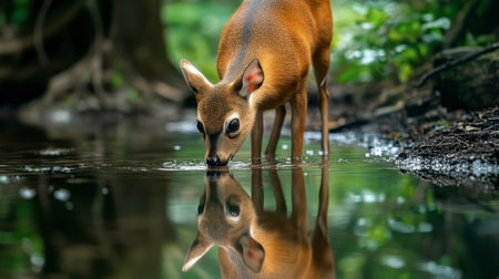 A young deer is gently drinking from a clear stream in a lush forest, capturing the tranquility of nature with its reflection on the water surface.の素材