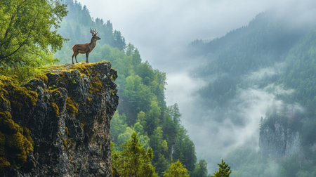 A magnificent stag stands poised on the edge of a rocky cliff, overlooking a serene valley shrouded in morning mist and vibrant greenery, capturing the essence of wild nature.の素材
