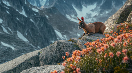 A stunning mountain goat rests on a rocky ledge, surrounded by vibrant wildflowers. The majestic landscape showcases the beauty of nature in a tranquil setting.の素材