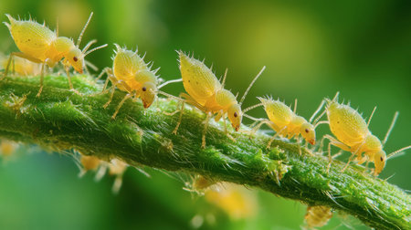 A detailed close-up photograph of yellow aphids feeding on a green stem, showcasing the beauty of small insects in nature and their intricate details.の素材