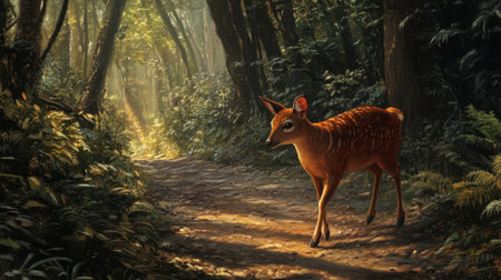A young deer walks gracefully along a sunlit forest pathway, surrounded by vibrant foliage. This serene moment captures the beauty of nature and wildlife.の素材