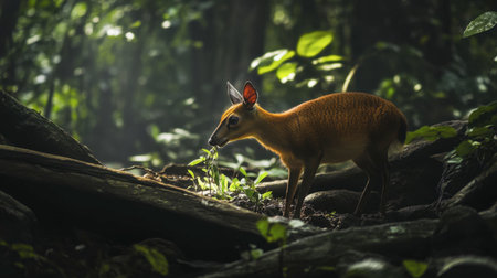 A young small deer navigates through a lush green forest, surrounded by vibrant foliage and soft sunlight, capturing the essence of wildlife tranquility and beauty.の素材