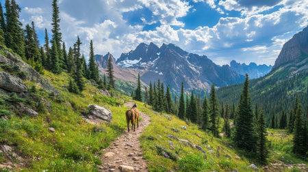 A serene trail meanders through a lush landscape, featuring a lone horse against majestic mountains and a dramatic sky. Perfect for nature lovers.の素材