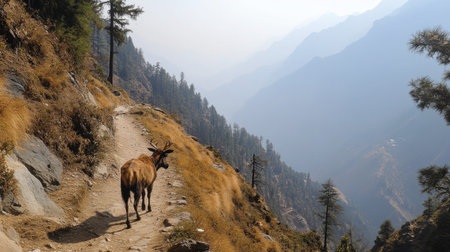 A goat walks along a narrow mountain trail, surrounded by an expansive landscape. The scene captures the tranquility of nature with stunning views ahead.の素材