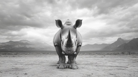 A striking portrait of a rhinoceros standing boldly in a vast landscape under dramatic clouds. This powerful image captures the essence of wildlife conservation and the beauty of nature.の素材