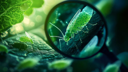 This detailed macro shot showcases green insects observed through a magnifying glass on a lush leaf, highlighting the intricacies of nature and its vibrant ecosystem.の素材