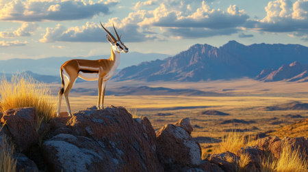 A solitary antelope stands majestically on a rocky outcrop, overlooking a breathtaking landscape filled with mountains and open skies, embodying the spirit of wildlife.の素材