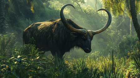 A striking bull stands majestically in a vibrant tropical forest, surrounded by lush greenery and dappled sunlight, evoking a sense of wilderness and tranquility.の素材