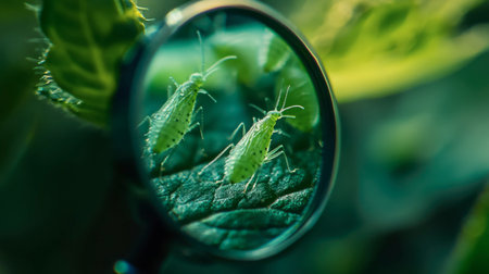 A close-up view of green insects magnified through a glass lens, showcasing detailed textures and features while resting on a leaf in their natural habitat.の素材