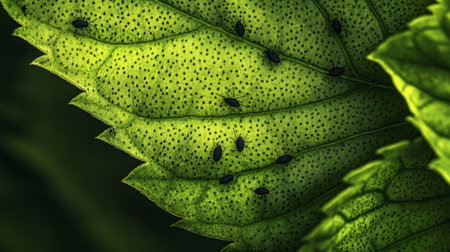 A detailed macro photograph showcasing aphids on green leaves, highlighting the intricate texture and natural beauty of the ecosystem in a garden setting.の素材