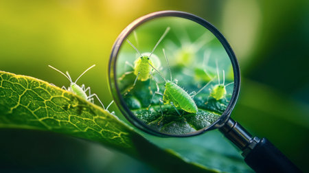 A mesmerizing close-up view of aphids on a leaf, enhanced by a magnifying glass. This image showcases the intricacy of these tiny insects in their natural habitat.の素材