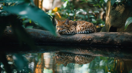 A serene wildcat rests gracefully on a log by reflective water, surrounded by lush jungle foliage, showcasing the beauty and tranquility of wildlife in nature.の素材