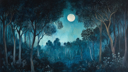 A captivating moonlit forest scene that evokes tranquility and mystery, featuring lush trees and a serene atmosphere under a bright moon in a deep blue night sky.の素材