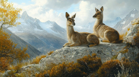 Two majestic deer relax on a rocky outcrop against a stunning mountain landscape. The serene scene showcases the beauty of nature and wildlife in harmony.の素材