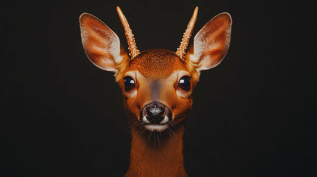 This striking close-up showcases a young deer with prominent antlers, highlighting its captivating eyes and delicate features against a dark background.の素材