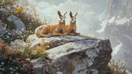Two deer rest peacefully on a sunlit rock surrounded by vibrant flowers and majestic mountains, capturing the tranquil essence of nature's beauty and serenity.の素材